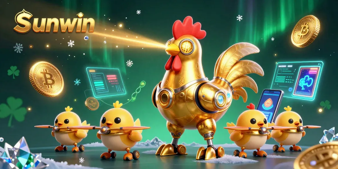 Sunwin showcases the golden rooster robot engaging in vibrant casino-themed action with neon cryptocurrency elements.