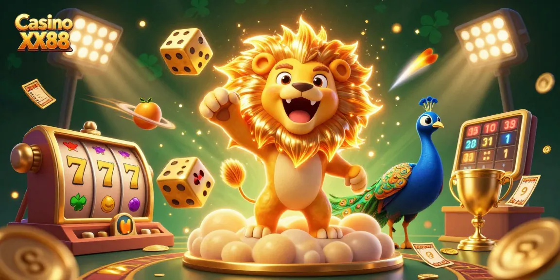 Experience the excitement of Casino XX88 with vibrant slots, golden jackpots, and a roaring sun lion.
