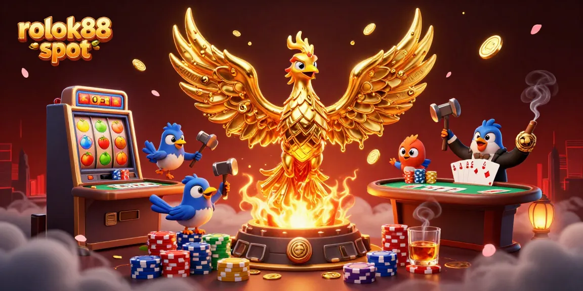 Experience the excitement of rokok88 slot with a golden phoenix and dynamic casino elements.