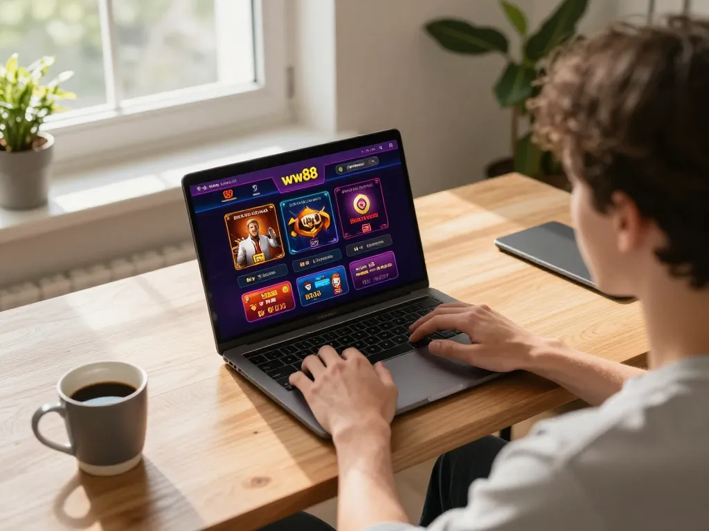 Person enjoying online gaming on ww88 platform, showing vibrant casino interface and cozy setup.