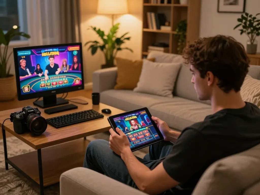Engaged player enjoying HELLO88 online casino experience on a tablet in a modern home