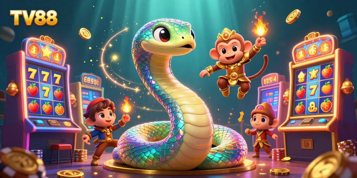 Experience TV88 with vibrant slot machines, a rainbow serpent, and a captivating monkey king.