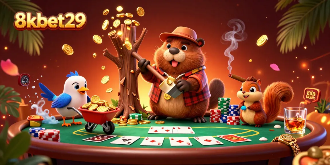 Experience exciting gameplay with 8kbet29 as the 3D cartoon beaver collects golden coins from a magical tree.