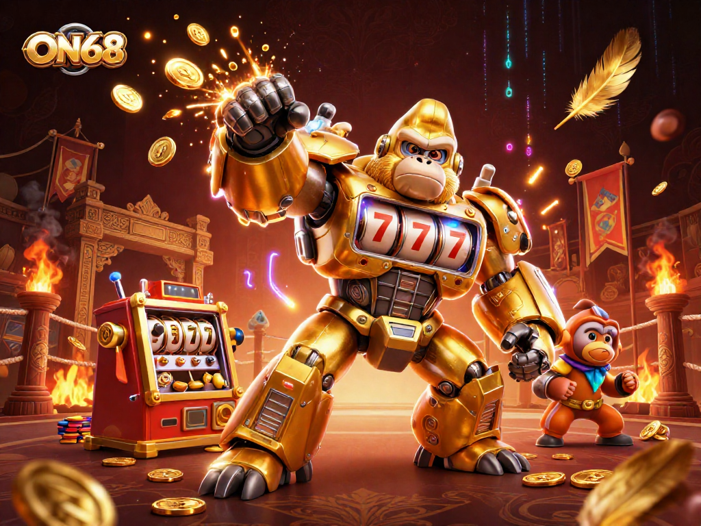 Experience ON68's thrilling 3D casino adventure with golden gorilla mech and vibrant gambling elements.