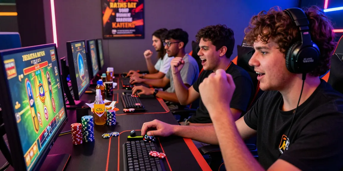 Pengalaman bermain rajaslot 20 dengan pemain merayakan kemenangan di depan monitor gaming yang cerah.