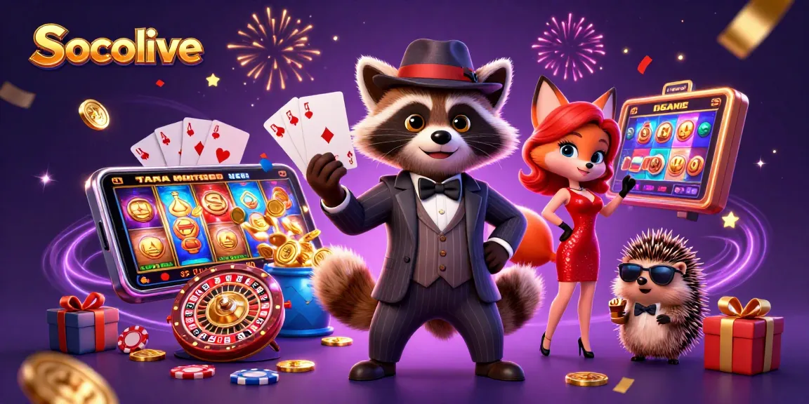 Socolive offers an exciting gaming experience showcasing a suave raccoon with a royal flush and vibrant gambling elements.