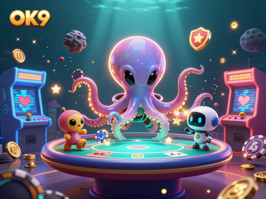 Engage in exciting gaming at OK9 with a whimsical alien octopus and a tiny robot at a poker table.