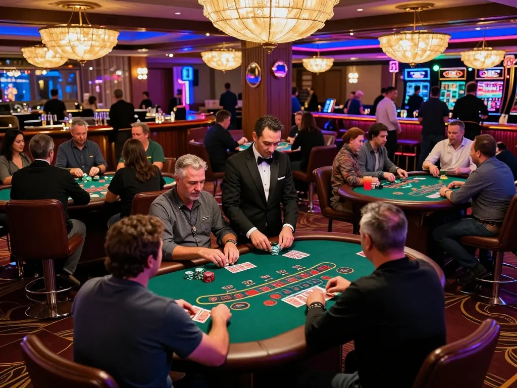 Players engaging at blackjack tables in a vibrant casino atmosphere, highlighting DA88 gaming excitement.