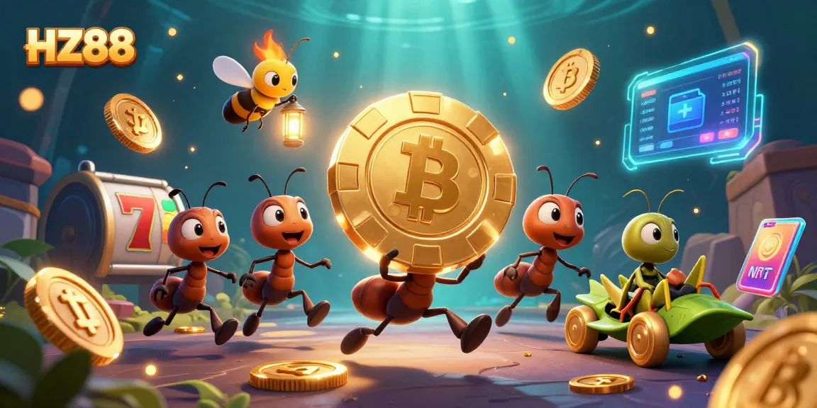 Engage with HZ88's thrilling slots experience as ants pull a giant poker chip amidst digital gaming elements.