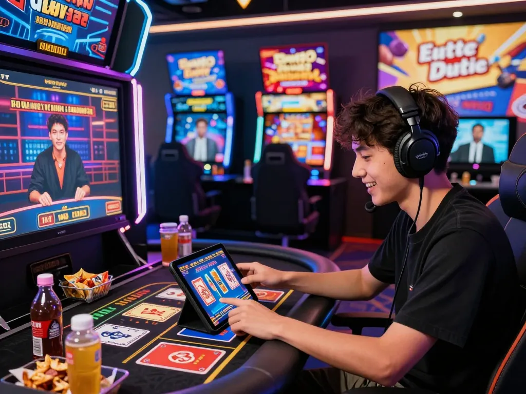 Young Gen Z player enjoying NK88 live casino game on a tablet in a vibrant digital gaming environment.