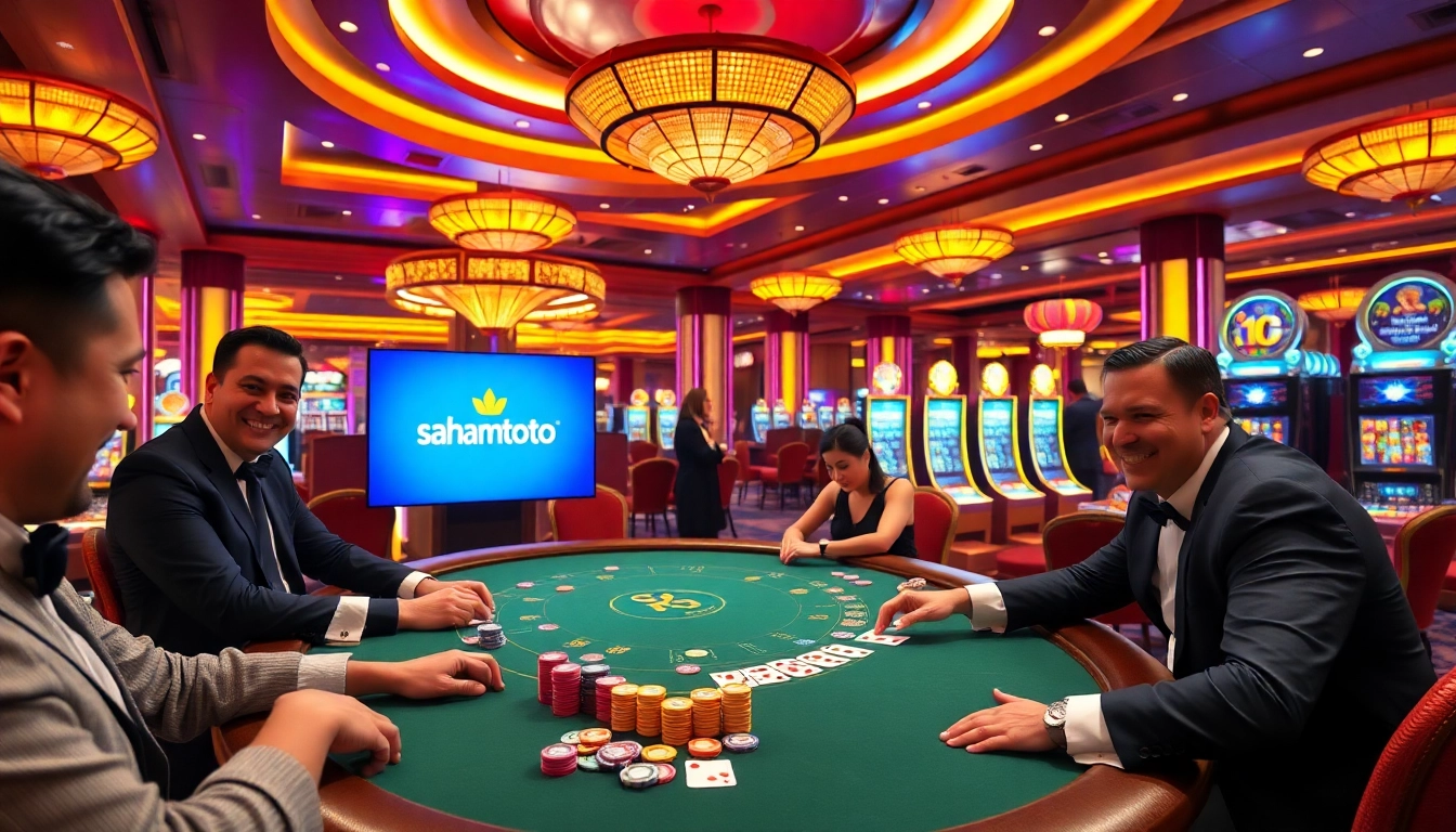 Players enjoying a thrilling poker game at sahamtoto casino with vibrant chips and cards.