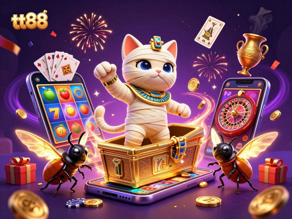 tt88 showcases an Egyptian mummy cat and glowing scarab in an engaging casino scene packed with winning elements.