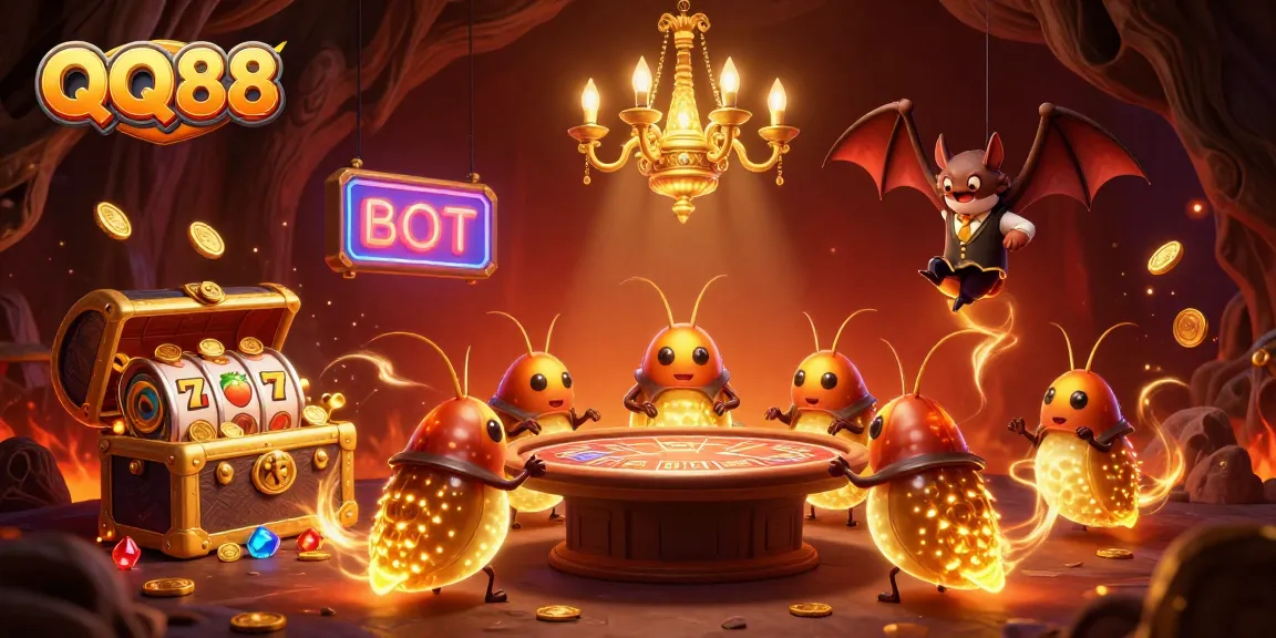 Witness QQ88's bright glowworms illuminating a vibrant cave casino filled with treasures and slot machines, showcasing fun gambling experiences.