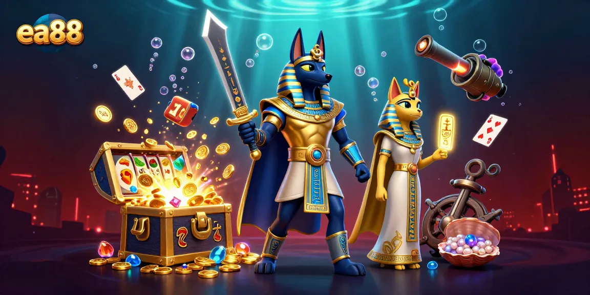 Bet big at ea88 with our vibrant 3D casino scene featuring Anubis and dynamic slots.