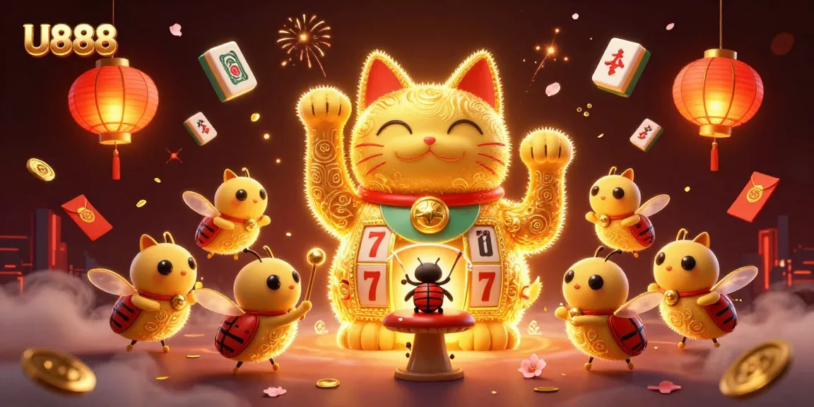 Experience U888's vibrant casino magic with the lucky cat and dynamic gaming elements.