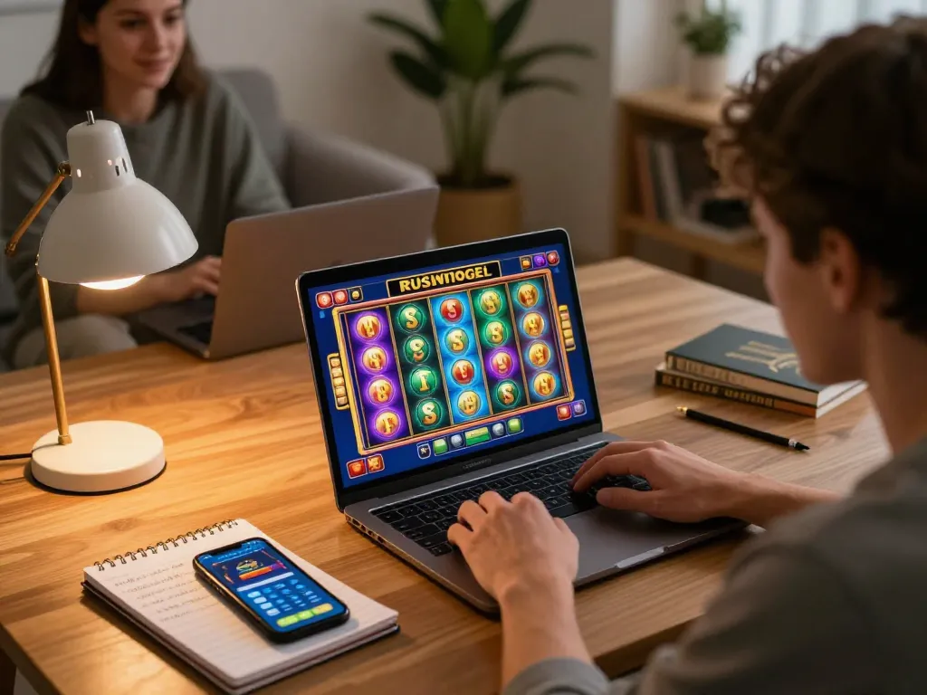 Engaging gameplay scene at home highlighting rusuntogel slot strategies with a dynamic display of colorful reels
