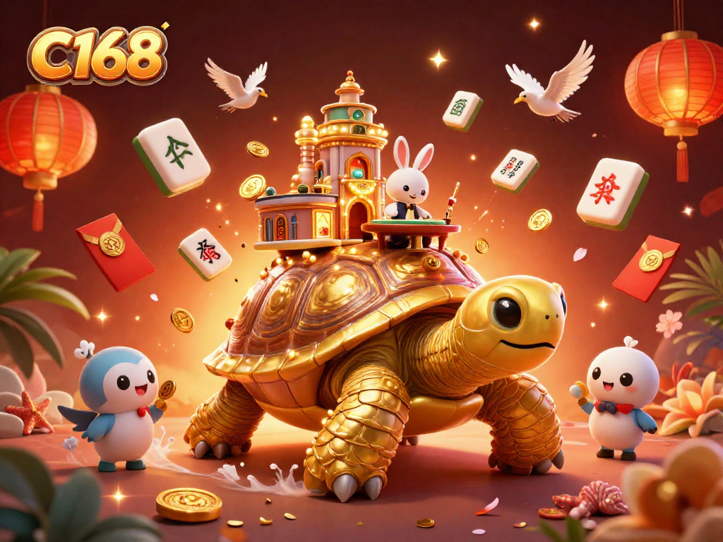 C168 showcases a vibrant 3D scene with a golden tortoise casino, rabbit dealer, and flying coins.
