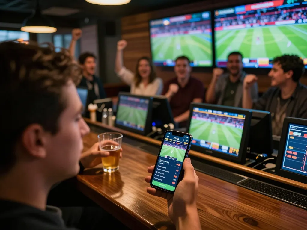 Betting on j188 app during live sports events with friends in lively sports bar atmosphere
