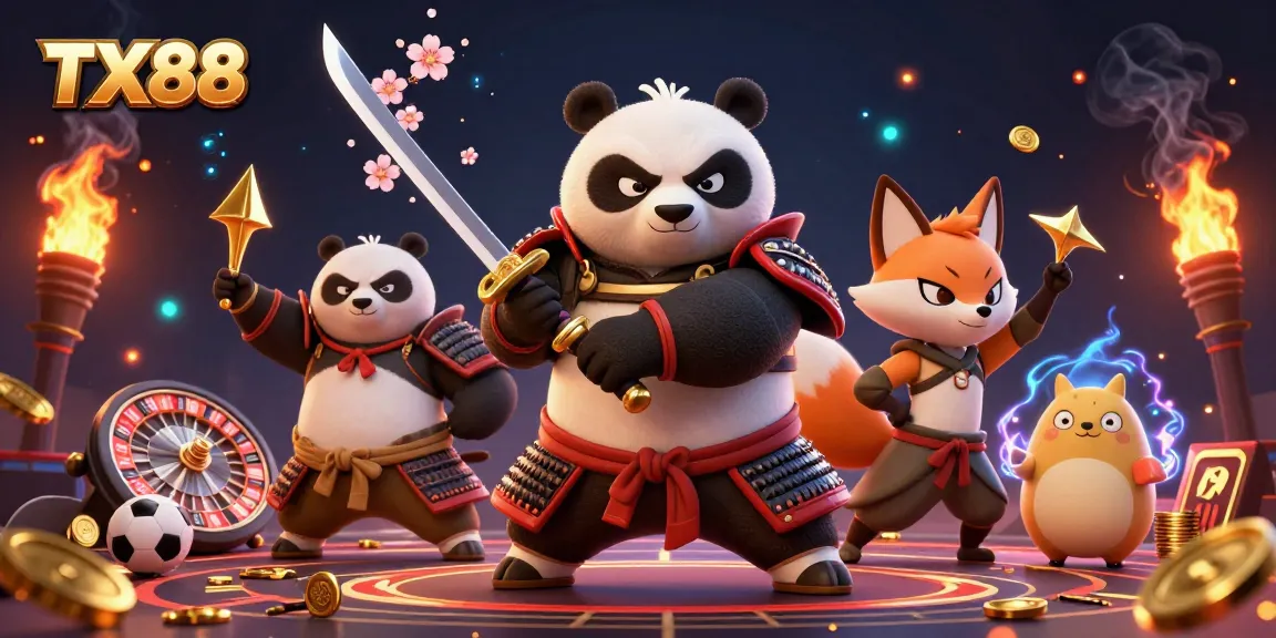 Engage with TX88 through fierce samurai panda and ninja fox in a vibrant casino scene showcasing sports betting excitement.