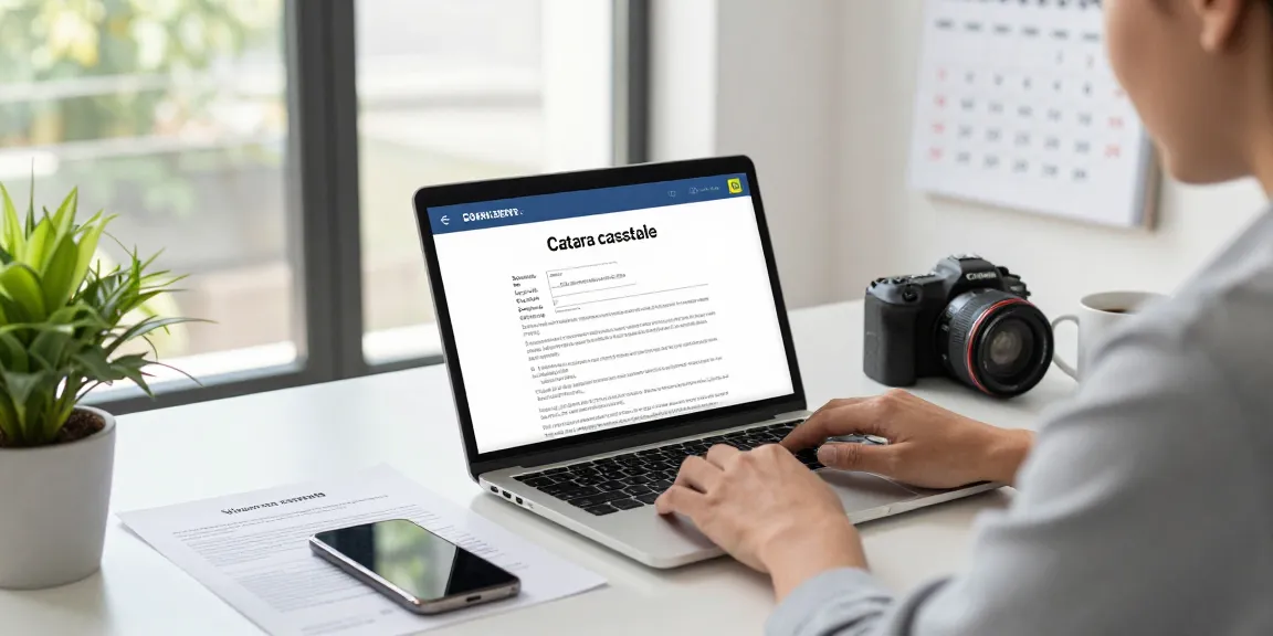 Richiesta di visura catastale online da un moderno spazio di lavoro con un laptop e documenti ufficiali.