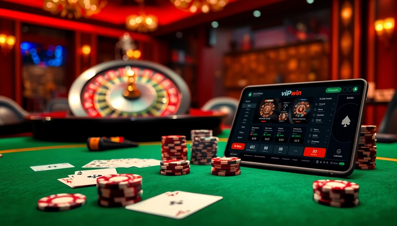Experience high-stakes excitement at vipwin with a stunning poker table and vibrant casino atmosphere.