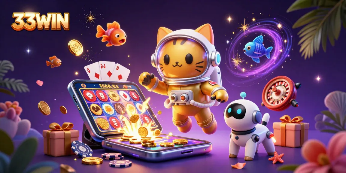 33WIN: Enjoy dynamic gameplay with colorful slots and exciting casino elements in a vibrant space scene.