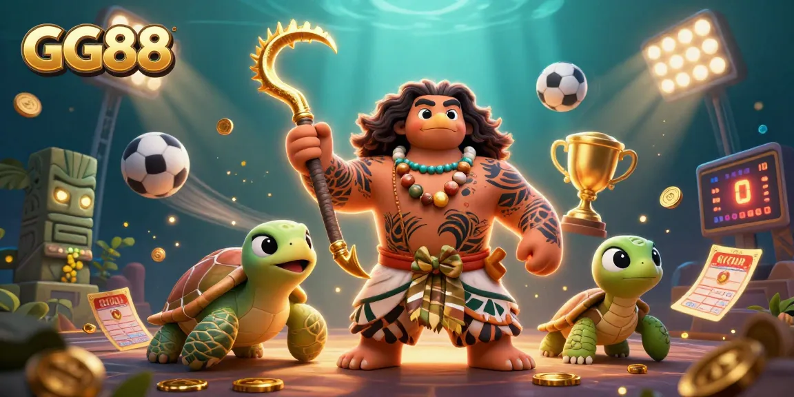 Experience the excitement of GG88 with a vibrant 3D casino scene featuring dynamic sports elements and charming characters.