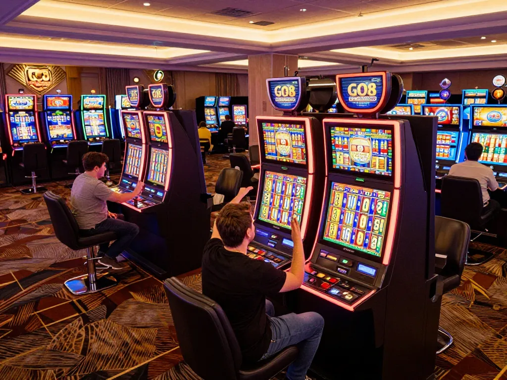 Excited players enjoy vibrant slot machines at GO8 casino, capturing the thrill of winning spins.