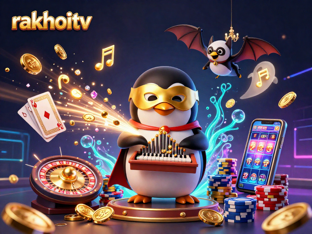 Experience thrilling gameplay with rakhoitv as a phantom penguin brings golden coins to life in a vibrant casino scene.