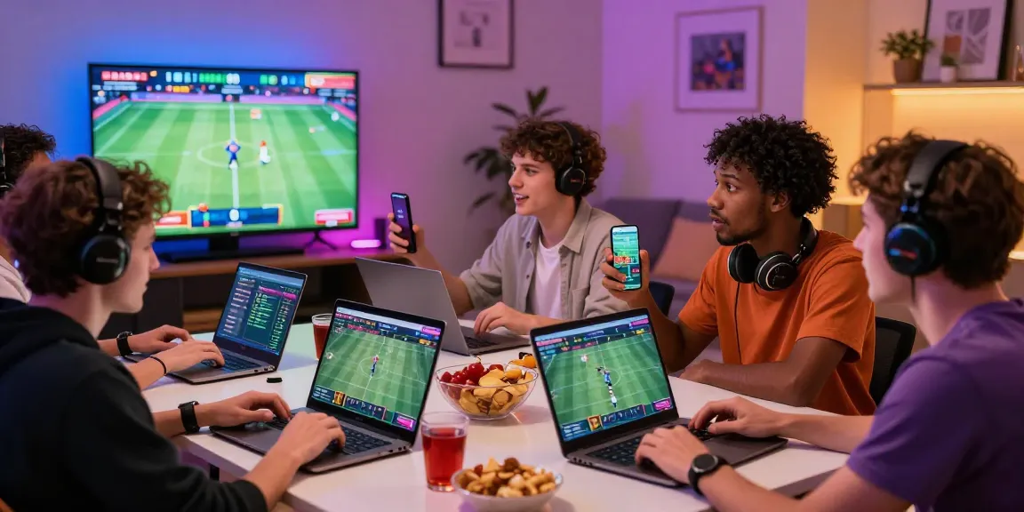 Diverse friends enjoying live betting experience on BetLabel with laptops and snacks in a cozy modern living room.
