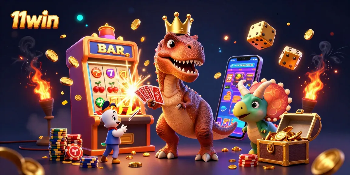 Experience thrilling gameplay at 11win with cartoon T-Rex, pterodactyl, and triceratops in action.