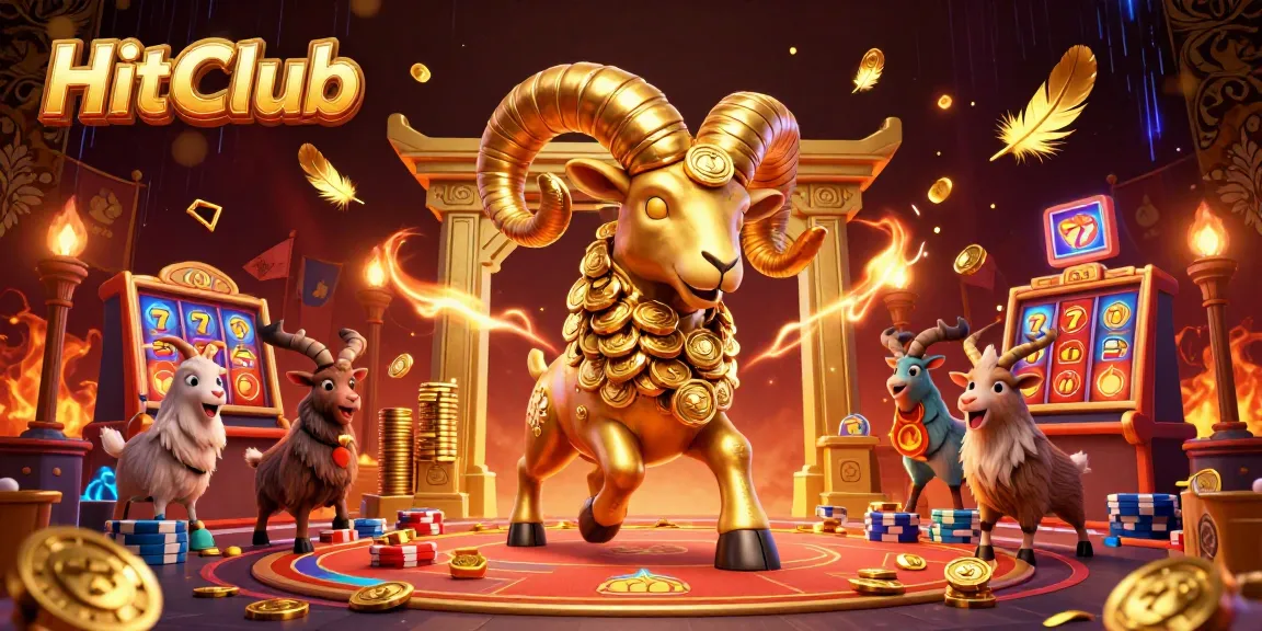HitClub's golden ram charges through a vibrant casino, surrounded by excitement and gaming elements.