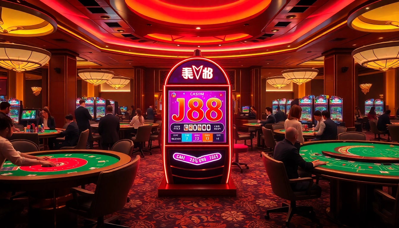 Experience the thrill of J88 slot machines in a vibrant casino atmosphere with players enjoying their luck.