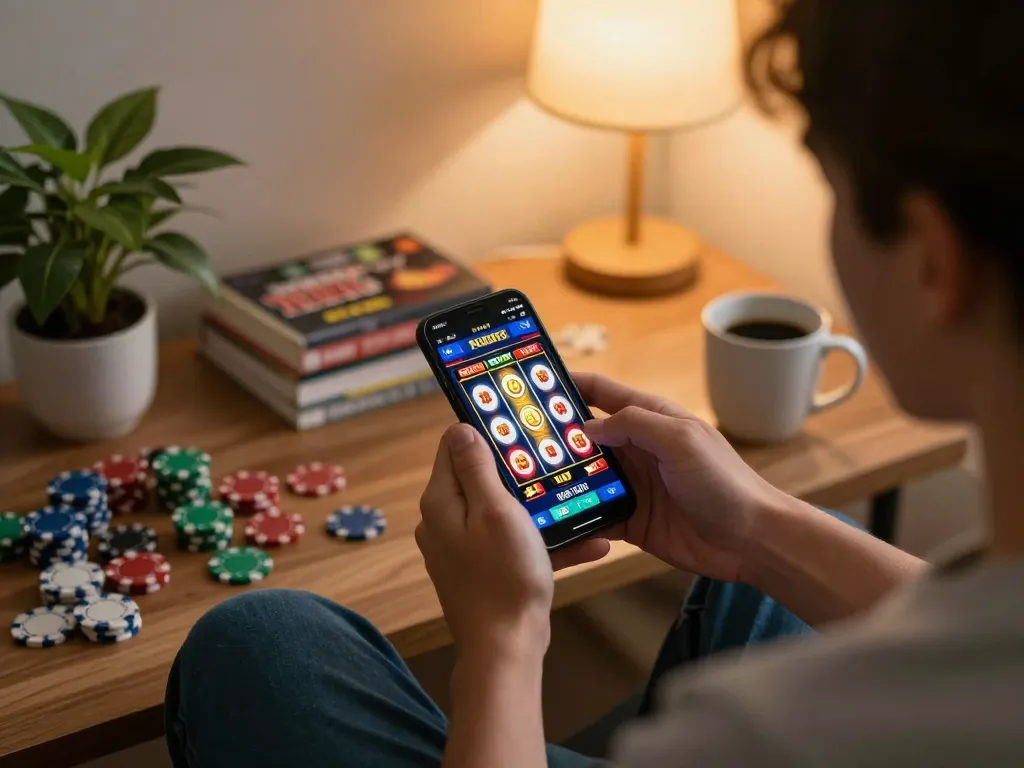Hitclub player celebrates a win on the online casino app in a cozy living room.