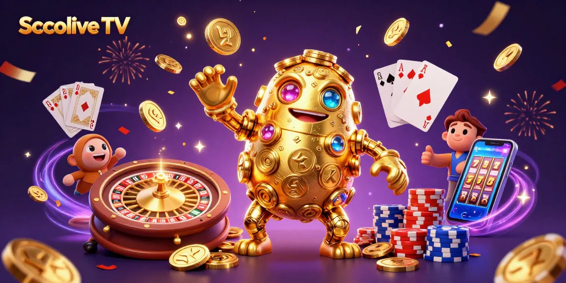 Socolive TV enhances the gaming experience with a golden golem and vibrant casino elements in a vivid illustration.