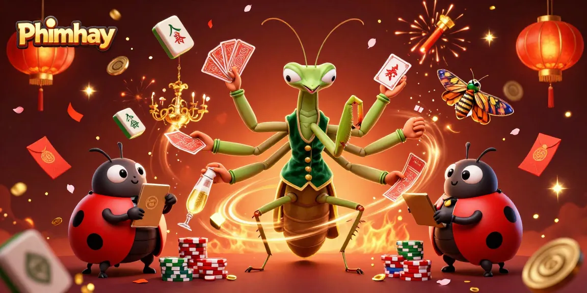 Engage with Phimhay casino excitement, featuring a vibrant mantis dealer and plenty of festive elements.