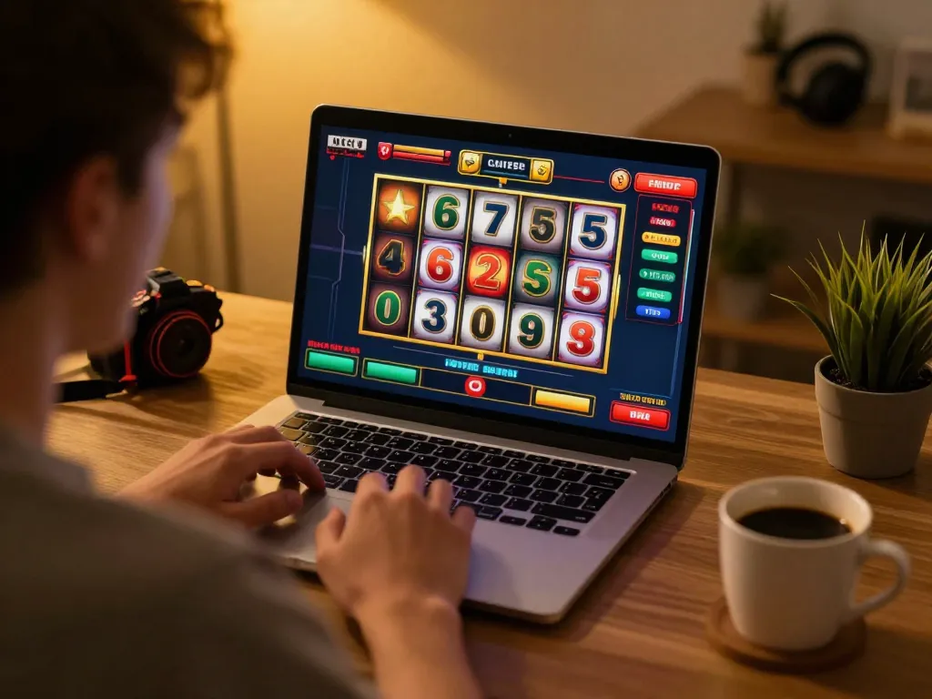 A player enjoying a thrilling session on 888newcasino com with spinning slot reels on a laptop, surrounded by cozy home decor