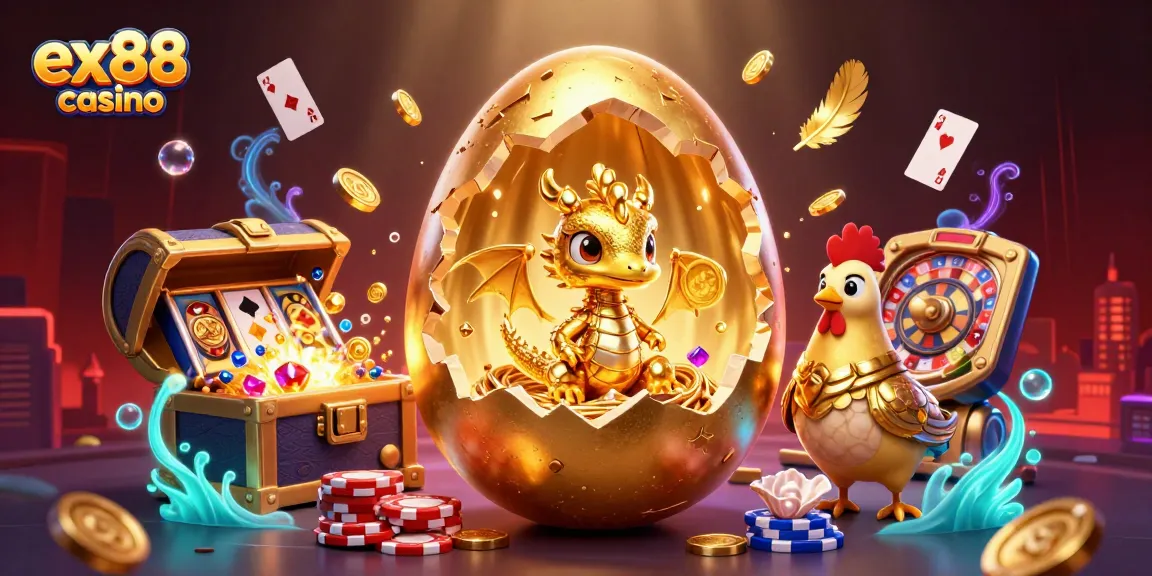 Experience the excitement of ex88 casino with a golden dragon guarding poker chips amidst vibrant casino elements.