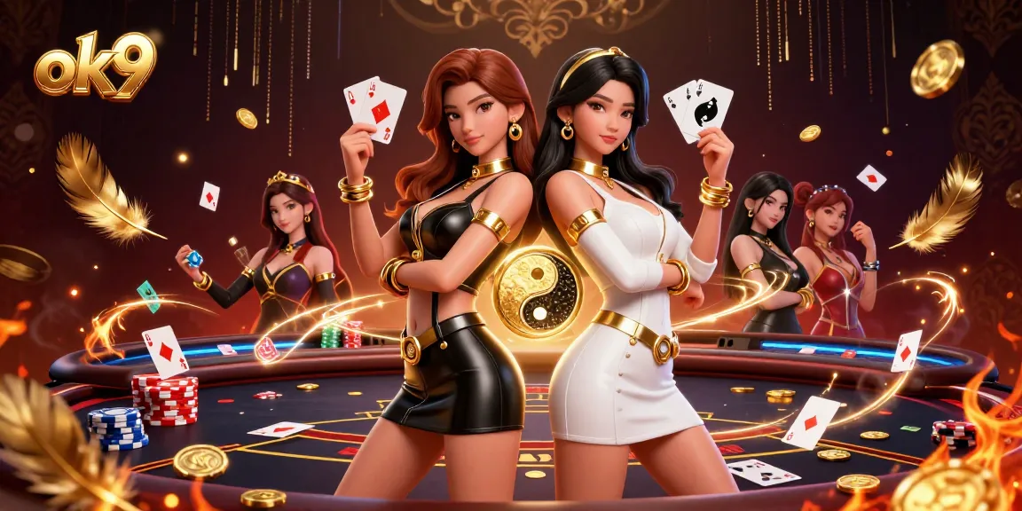 Engage in exciting poker action with ok9 featuring stunning twin Asian women holding playing cards in vibrant casino