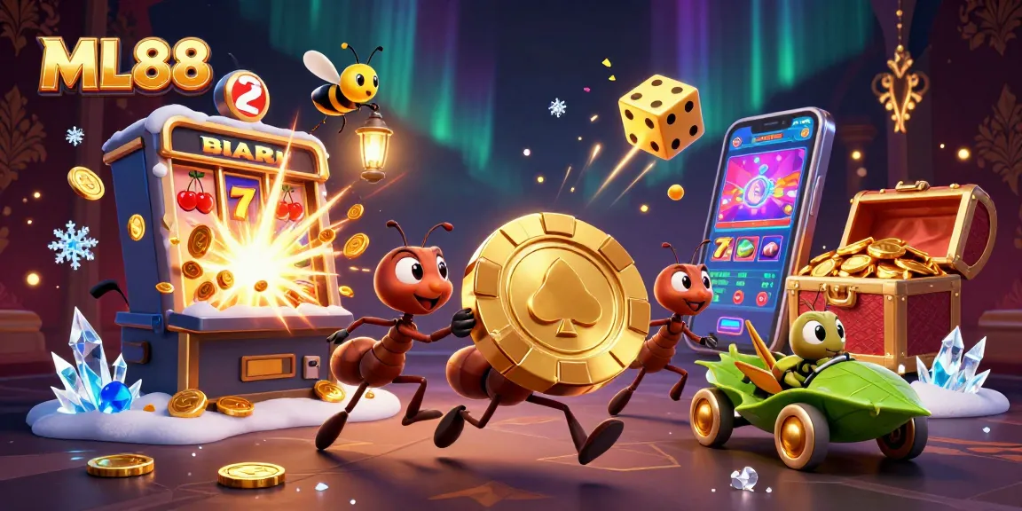 ML88 casino heist with cartoon ants, golden poker chip, jackpot explosion, and vibrant visuals