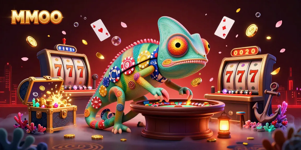 Engaging MMOO casino scene with vivid chameleon owner and exciting slot elements.
