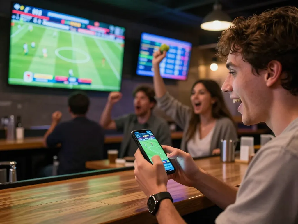 Socolive sports betting scene with live match action and smartphone engagement