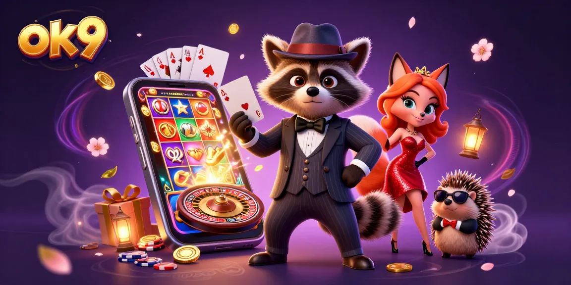 Experience exciting gaming with ok9 as charming characters and casino elements surround them.
