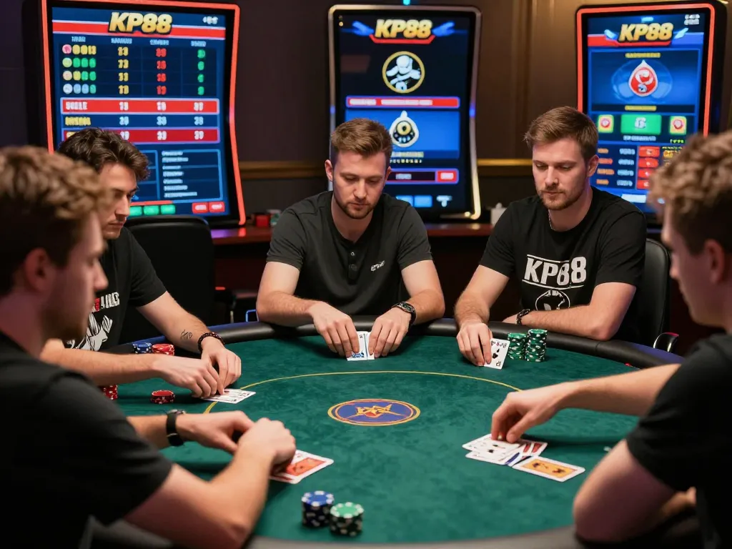 Players strategizing in an online poker game at KP88, showcasing competitive action and engagement