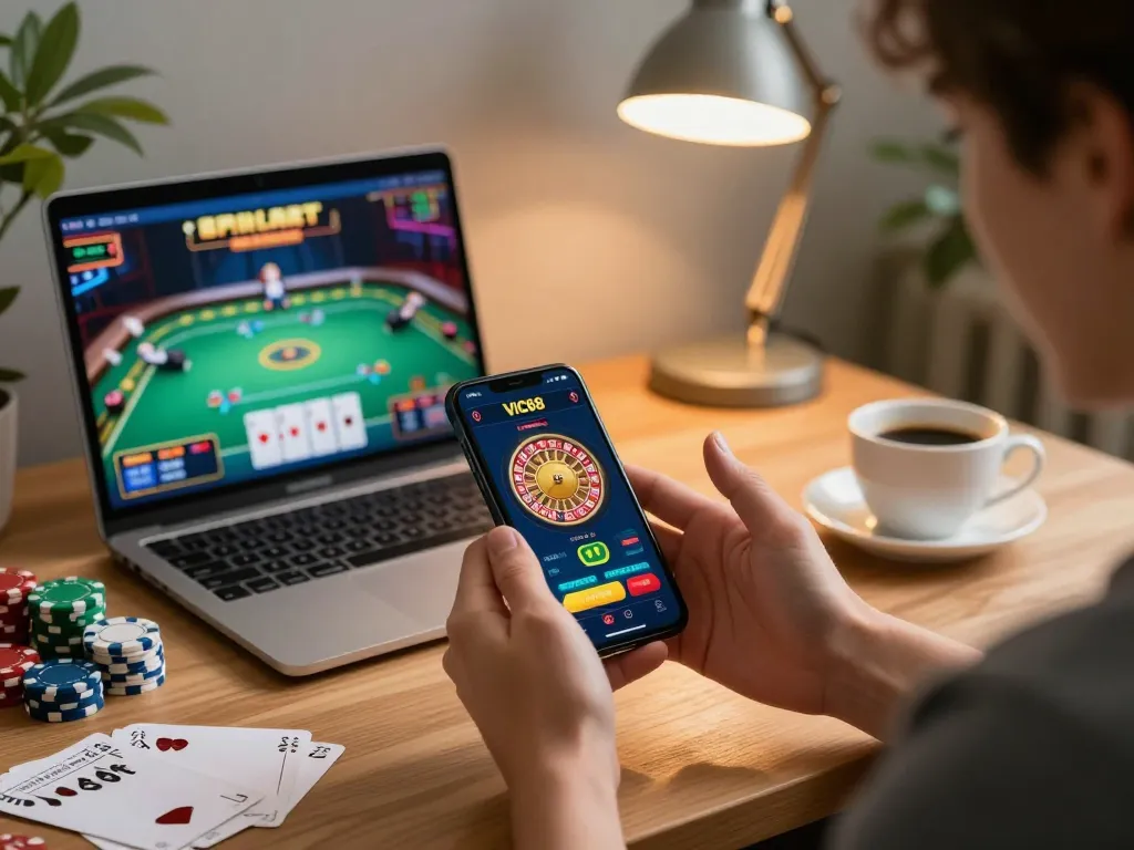 Engaged player using the VIC88 app on smartphone for an exciting online gaming experience.