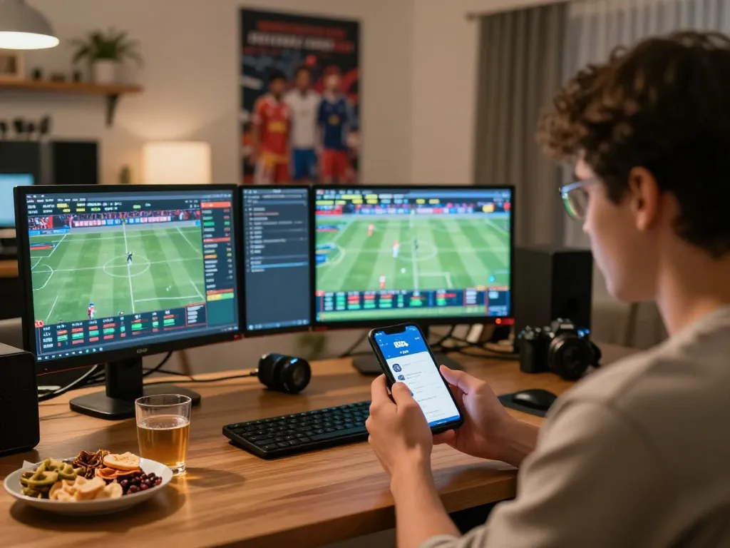 Betting on live sports events with the 555win app from a cozy home setup, highlighting an interactive online gamble scene.