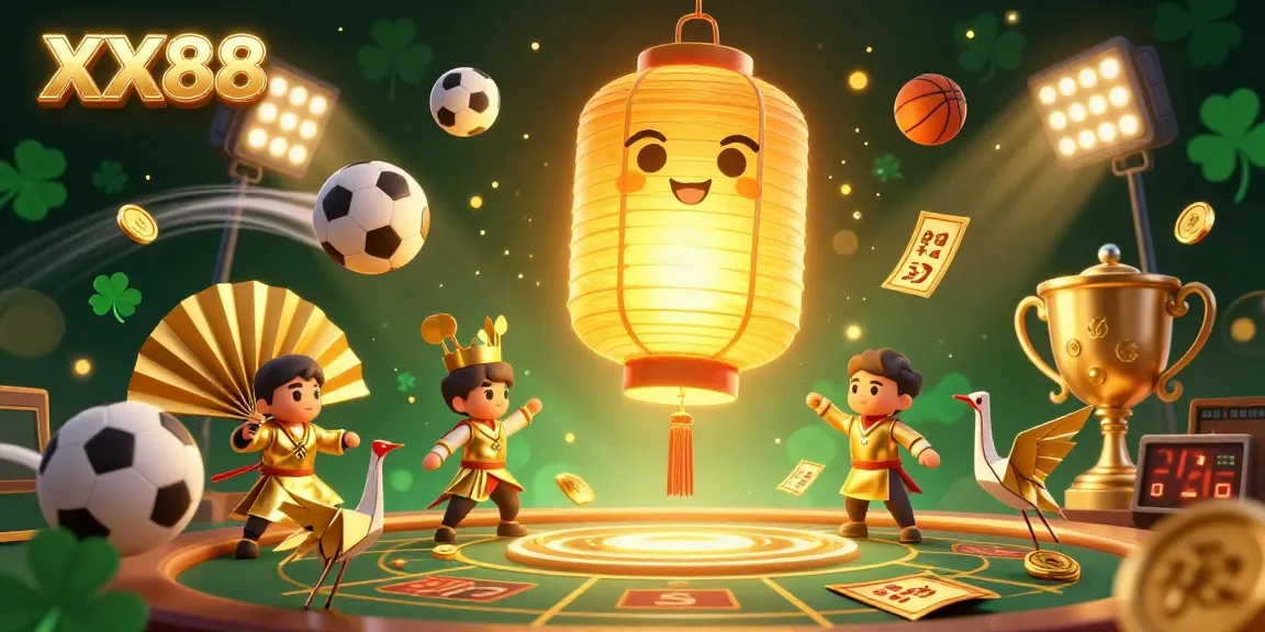 Immerse in XX88's vibrant casino scene featuring dynamic sports betting elements and a glowing lantern spirit.