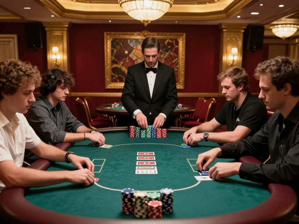 Vin88 players strategizing during high-stakes poker game in luxurious casino setting.