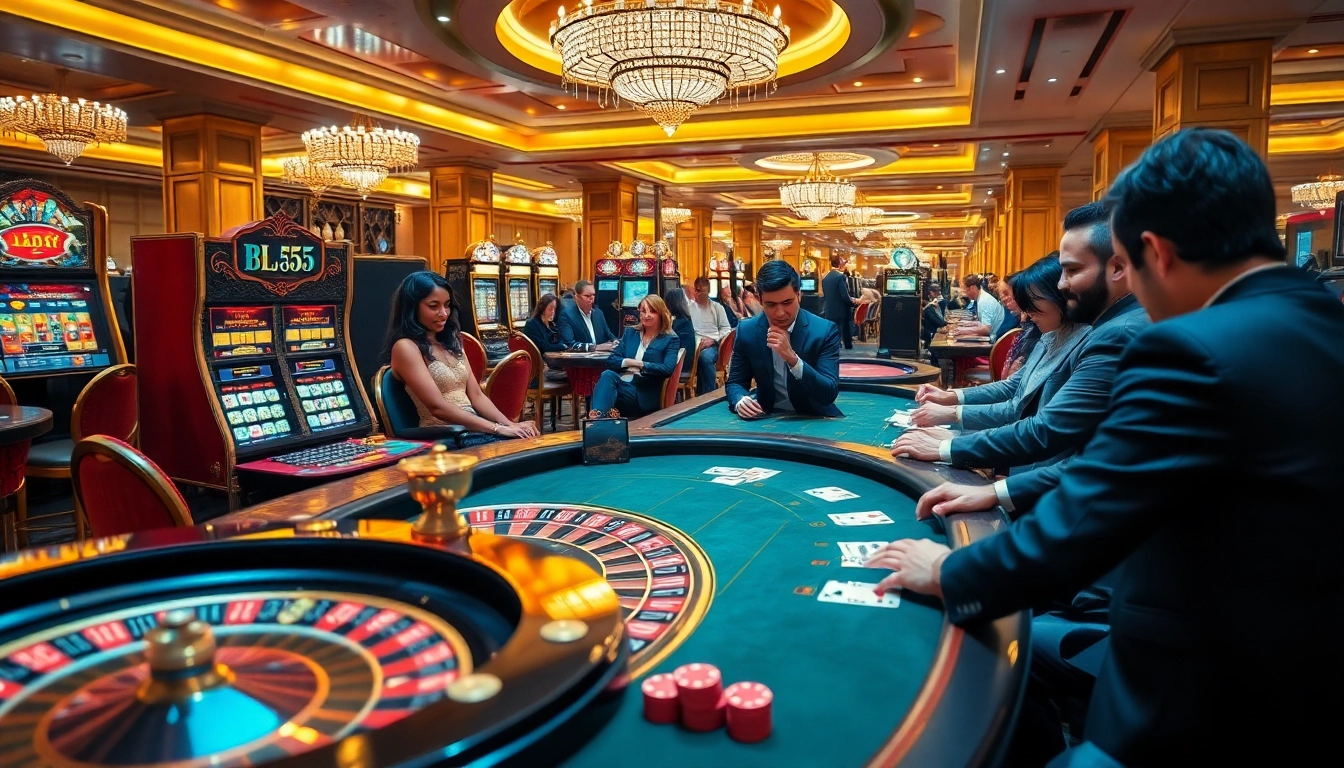Exciting casino atmosphere at BL555 with players engaging in games, showcasing luxury.