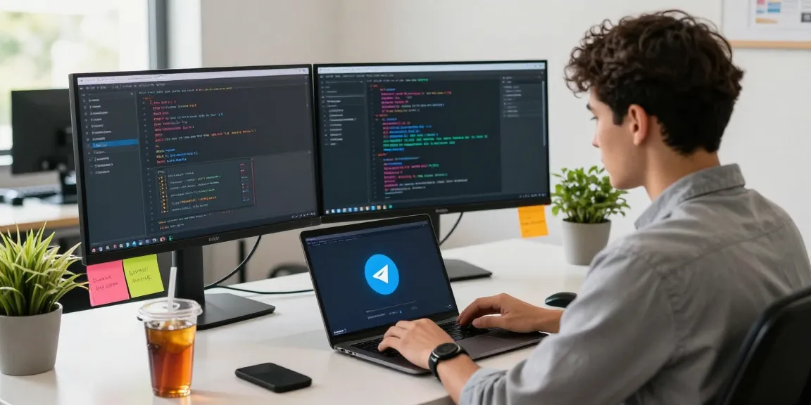 User setting Telegram Chinese interface on a modern tech workspace, showcasing dual monitors and a vibrant setup.